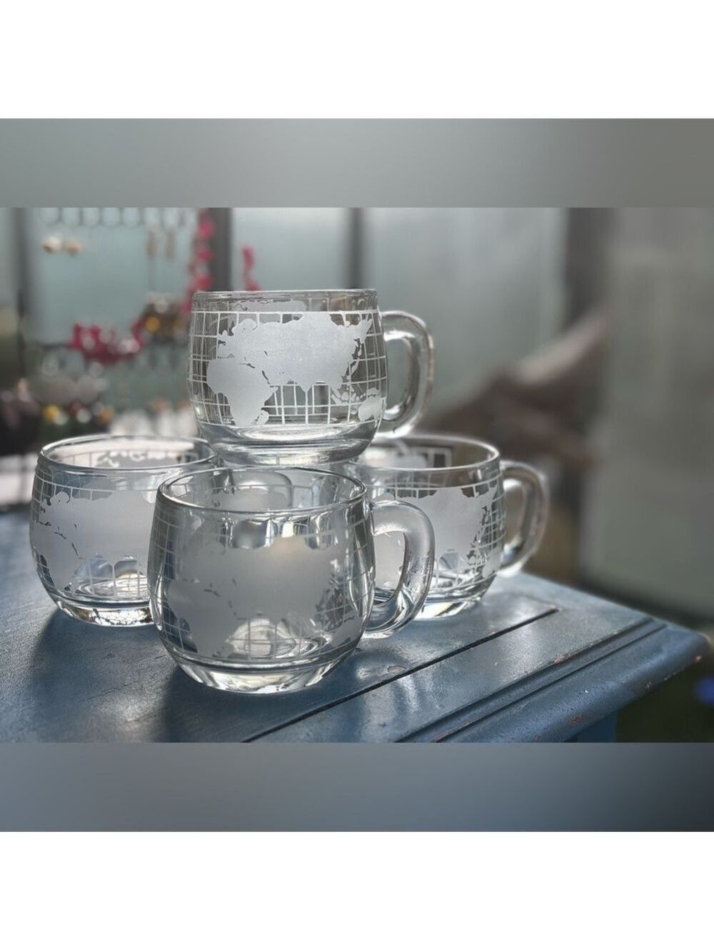 Vintage Nescafé Thick Etched Glass World Map Set of 5 Globe Mugs | 1970s Retro 🌎 - Picture 3 of 14